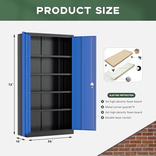 Image of Greenvelly Metal Storage Cabinet, 72 inch Locking Metal Garage Storage Cabinet with Doors and 4 Adjustable Shelves, Lockable Steel Cabinet for Home Office, Garage, Shop, School (Blue 36 inch W x 18 inch D)