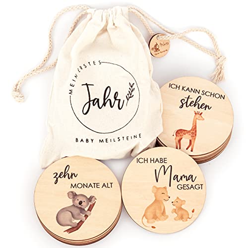 Holz Meilensteinkarten Baby mit farbigen Tierchen bedruckt - 30 Meilensteine auf edlen Holzscheiben als Geschenk zur Geburt/zur Babyparty für Schwangere, werdende Mütter, werdende Eltern Cover