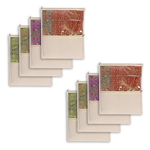 Image of Pure Cotton Saree Bags with Zip & Blouse Pocket set of 8 Big Size 17x15 In Transparent PVC Window Saree Covers for Storage Expert Stitching Wardrobe Organiser Beige