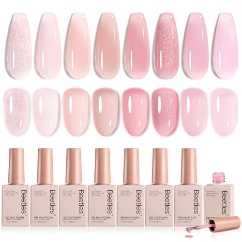 Image of Beetles Pink Gel Nail Polish Set, 8 Colors Nude Pink Jelly Gel Polish Shimmer Glitter Sheer Transparent Effect Classic Neutral Nail Polish Soak Off UV French Nail Art Salon Gift Manicure for Women