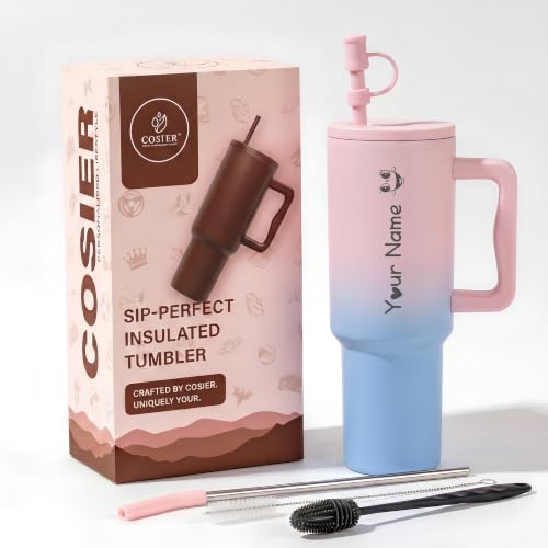 Image of Personalised 1200ml Insulated Stainless Steel Tumbler with Handle and Straw Lid - Large Travel Mug for Coffee & Water, Double Wall Vacuum Cup, Car Cupholder Friendly (Pink Blue)