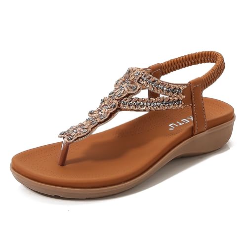 Women's Pinch Toe Sandals Rhinestone Beaded Bohemian Dress Flip-Flop Gladiator Shoes Comfort Open Toe Elastic Strap Sandals