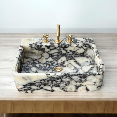 Italian Calacatta Marble Sink - Elegant White Stone Vessel Basin for Bathroom or Kitchen, Natural Veining Design, Rectangular Countertop Vanity Sink