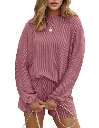 Ekouaer 2 Pieces Lounge Set for Women Long Sleeve Pajamas Top and Shorts Matching Sets Outfits with Pockets Deep Pink