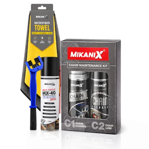 Image of OBEROI'S TRADERS Bike Chain Cleaner & Lubricant Kit Combo | Motorcycle Chain Cleaner Spray, Chain Lube, MX-40 Rust Remover, Chain Cleaning Brush & Microfiber Cloth | for All Bikes & Scooters (450 ML)