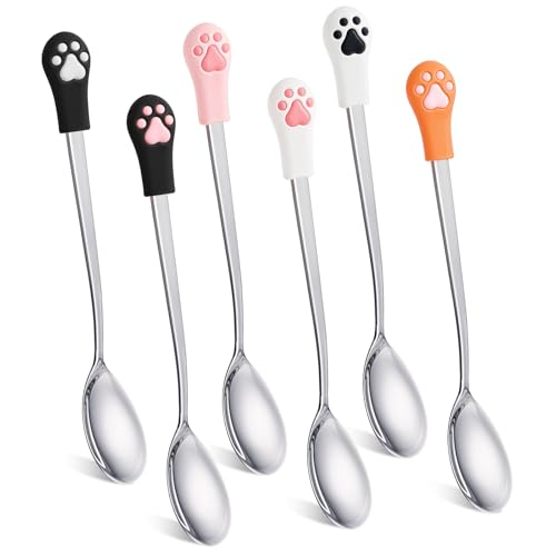Jeffdad 6 Stück Katzen Löffel Edelstahl, Katzenpfotenschaufel Katzenlöffel Hundelöffel Haustier Futter Löffel, Paw Cat Can Spoon Fütterungslöffel Langer Griff Futterlöffel für Haustiere