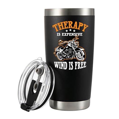 Panvola Therapy is Expensive Wind is Free Motorcycle Gifts Biker Rider for Dad Husband Boyfriend Uncle Travel Mug Vacuum Insulated Tumblers (20 oz, Black)