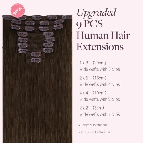 Image of GOO GOO Clip in Hair Extensions Real Human Hair, Remy Human Hair Extensions Clip ins for Women, Natural Human Hair, 16inch 150g 9Pcs, 4A Chocolate Brown