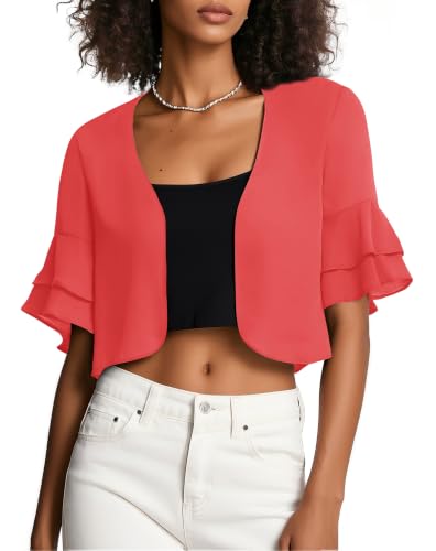 Image of Urban CoCo Women's Sheer Chiffon Bolero Shrug Ruffle Short Sleeve Open Front Cropped Cardigan for Dresses
