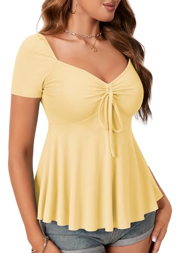 Image of Rooscier Women's Ribbed Knit Sweetheart Neck Tops Cute Drawstring Ruffle Short Sleeve T Shirts