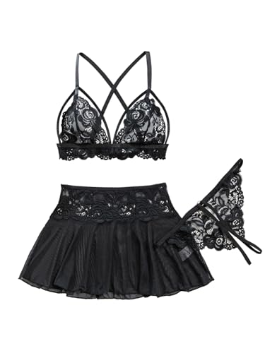 Foxiny Sexy Mini Skirt with Thong Floral Lace Sheer Bralette Lingerie Set 3 Piece Otufits Women See Through Bra Panty Strappy Black Large