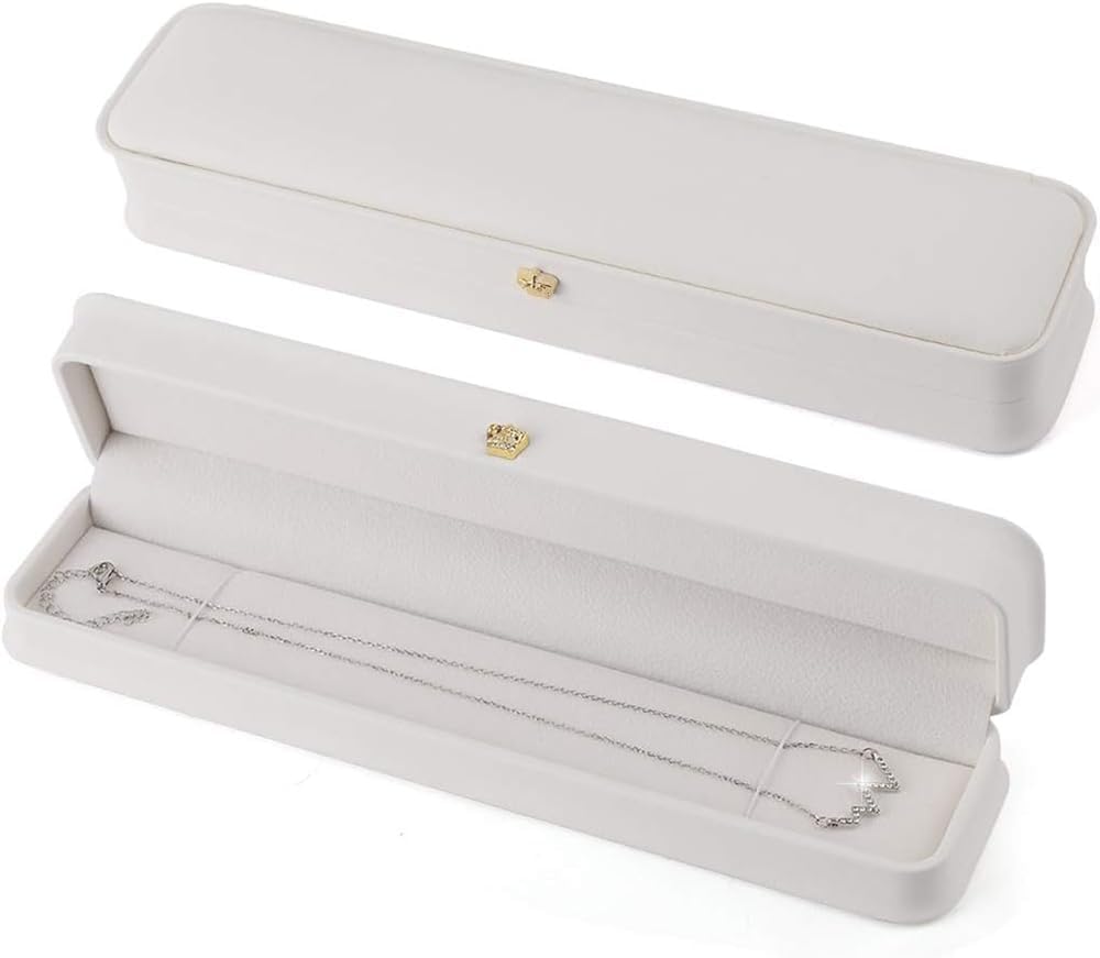 TazweeqTazweeq Set of 2 Long Chain Necklace Storage Box Velvet Interior Jewelry Gift Case Necklace Pendant Box Bracelet Box Jewelry Display for Chain Jewelry Showcase Necklace Holder Wedding Engagment (Grey)