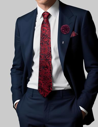 Image of DiBanGu Mens Zipper Tie Silk Pre-Tied Necktie with Gift Box | Jacquard Woven,Paisley Solid Plaid Pattern,6PCS with Pocket Square,Cufflinks and Lapel Pin,for Wedding Party Formal Business