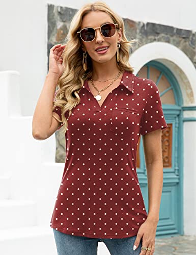 Collared Shirts For Women Short Sleeve Golf Polo Shirt Business Casual Tunic Blouse Office Clothes Wine Polka Dot L #TOP1