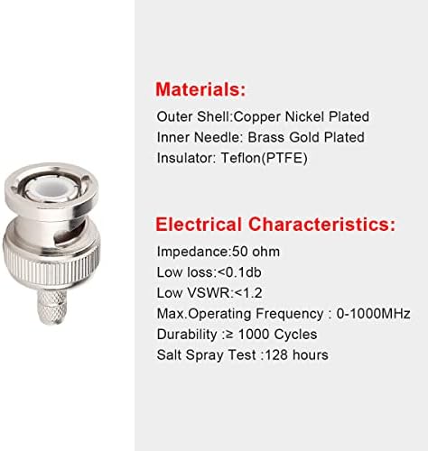 MOOKEERF BNC Crimp Male Connector 10PCS, BNC Male Connector 50 Ohm for RG58 RG142 LMR195 Cable