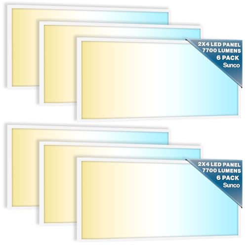 Sunco 6 Pack 2x4 LED Flat Panel Light Drop Ceiling Office Fixture, 7700 LM, Selectable Features, 40W/50W/60W, 4000K/5000K/6000K, Dimmable (0-10V), Surface or Suspension Mount, Dustproof ETL.