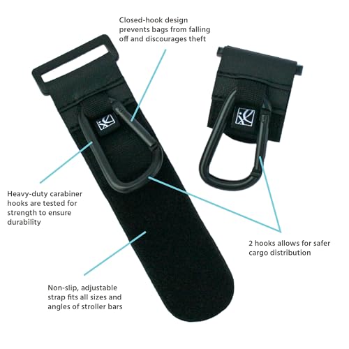 Image of J.L. Childress Universal Non-Slip Stroller Hooks for Bags 2 Pack, Black | Essential baby travel accessory with heavy duty carabiner clips & non-slip adjustable straps that attach to ANY stroller bar