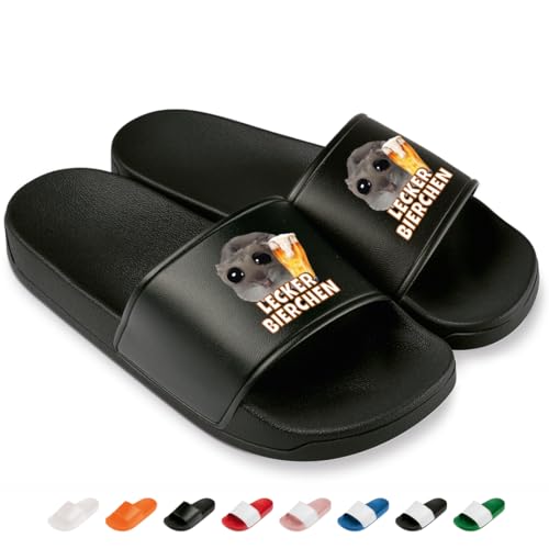 Prozente Momente Lecker Bierchen - Lustige Badelatschen für Herren & Damen mit Hamster Bequeme Schlappen & Hausschuhe für Strand Pool und Dein Malle-Outfit | Schwarz Gr. 40
