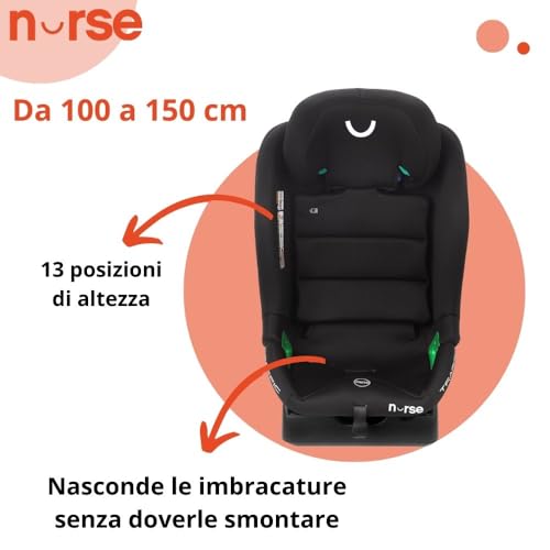 Nurse Traffic, Seggiolino Auto Isize, 40 A 150 Cm, 0 A 12 Anni, Senza Isofix, Ampia Reclinazione, 13 Posizioni Poggiatesta, Nero - 7