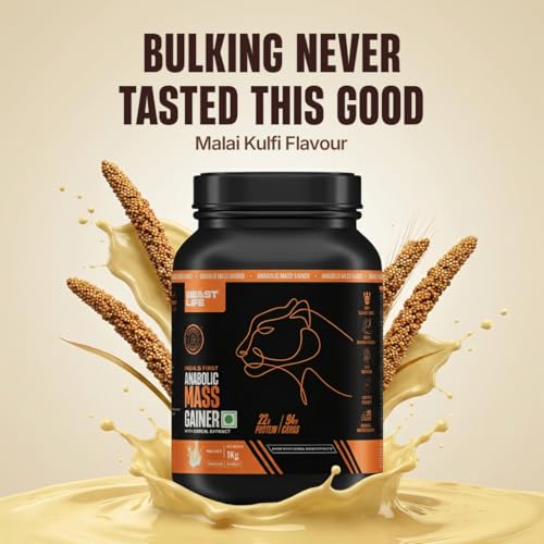 Image of BeastLife High Protein Mass /Weight Gainer | 1 KG | Malai Kulfi | NABL LAB Tested | For Muscle Gain & Fast Growth | Cereal-Based Formula, No Maltodextrin | India's #1 Cereal Based Bulk Gainer