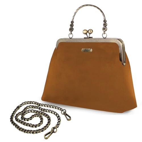 Image of Clutch Purses for Women Vintage 1950s Polka Canvas Kiss Lock Evening Bag Chain Shoulder Bag Brown-velvet
