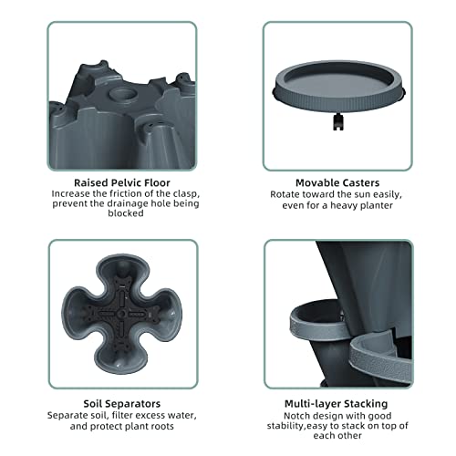 Tectsia Strawberry Vertical Planters Tower Garden 2 Pack, 5 Tier Stacking Planter with Support Pole, Stackable Herb Planters Indoor Outdoor Dark Grey