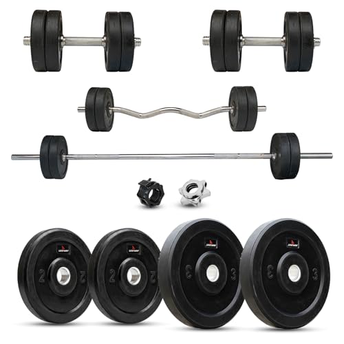 Image of Leeway 20kg Combo | Home Gym Set for Men | Barbell Rod with Plates and Dumbbell Set | Rubber Weight Plates, 3 Ft Curl + 5 Ft Rod (28mm) | Gym Equipments Zym, Jim ka Saman (1, Black, 20kg Set (2X4+3X4))