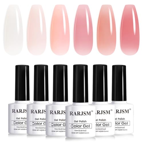 RARJSM Jelly Nude Gel Nail Polish Set 6 Transparent Neutral Skin Tone Colors Milky White Clear Pink Sheer Rose Red French Manicure LED UV Gelpolish Soak Off Curing Requires for Home Salon 7.5ml