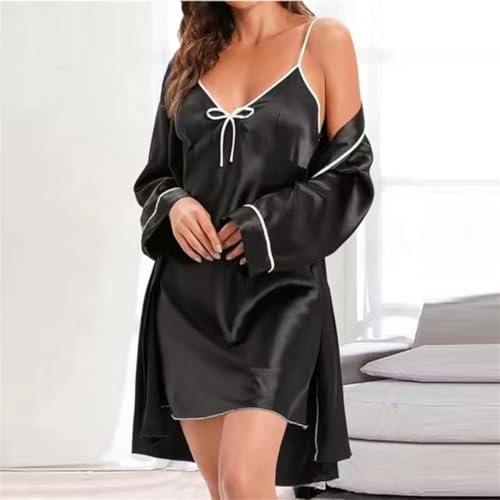 Fulbant Women'S Sexy Satin Pajama Set Pajama Set Robe Set/Suspended Skirt Pajama V-Neck Home Pajama2