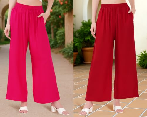 Image of Buy That Trendz Palazzo Pants for Women Rayon Elasticated Regular Fit Flared Wide Leg M to 6XL Pack of 2