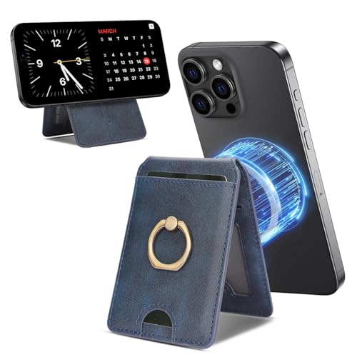 Porte-cartes MagSafe en cuir bleu avec support réglable pour iPhone 17 16 15