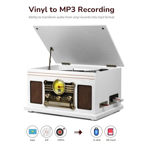 Image of FEKTIK Bluetooth Record Player 10 in 1,FEKTIK 3-Speed Turntable for Vinyl with Speakers, LP to MP3 Converter, CD, Cassette Player, FM Radio, Wireless Streaming | White