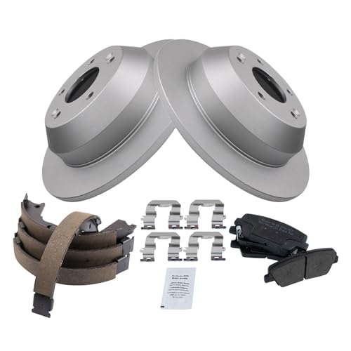 Image of TRQ Rear Brake Pad and Rotor Set Semi Metallic G Coated Rotors Parking Shoe Compatible with 2010-2012 Hyundai Santa Fe 2011-2013 Kia Sorento