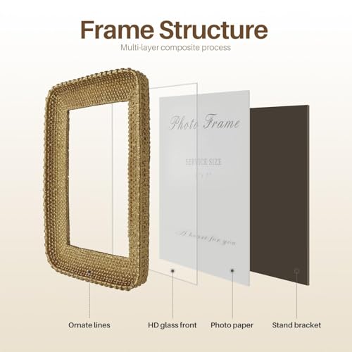 Vintage Gold 5x7 Picture Frame, Gold Metal Rattan Textured Hand-Crafted Photo Frame with Glass Front Antique Picture Frame for Tabletop Display & Wall Display, Retro Design Home Decor