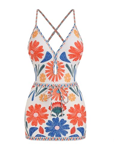 Image of ZAFUL Women's One Piece Swimsuit with Skirt V Neck Colorblock Bathing Suit | Front Cut Out Swimsuit Criss Cross One Piece Bathing Suit