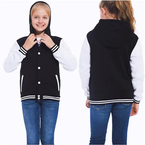 Kids Baseball Jackets Boys and Girls Fit Varsity Jacket Hooded Button Casual Lightweight Plain Cardigan School Coat3