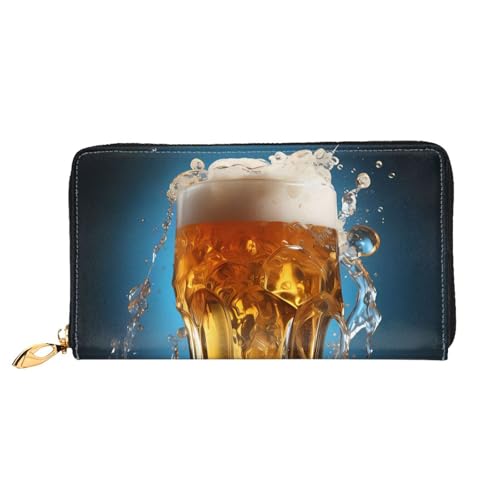 Leather Women Wallets, Long Credit Card Holder, Beer foam Print Billfold Clutch & Travel Purse Large Capacity