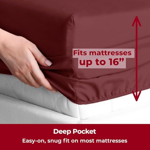 Image of Mellanni Split King Sheets Set - 5 PC Iconic Collection Bedding | Hotel Luxury, Extra Soft, Cooling Bed Sheets - Wrinkle, Fade, Stain Resistant (Split King, Burgundy)
