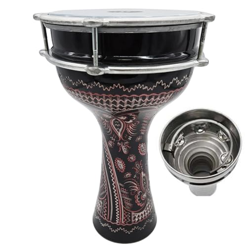 ZAZA Percussion 16'' Length Aluminum Darbuka, 8" Tunable Synthetic Head and Internal Jingles Doumbek (Black-Engrave 2)