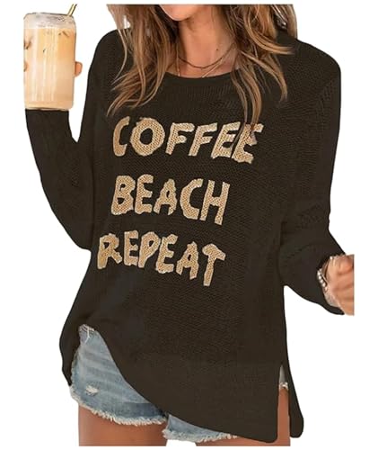 Image of Women's Beach Cover Up Sweaters Letter Print Graphic Long Sleeve Crochet Crew Neck Knit Sweater Summer Tops