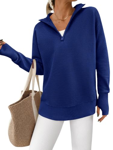 Image of PRETTYGARDEN Womens Long Sleeve Quarter Zip Pullover Sweater | Casual Loose V Neck Sweaters with Thumb Hole, Collared Ribbed Knit Jumper Tops, Oversized Tunic Tops, Fall Outfits 2026