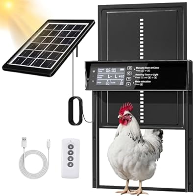Solar Chicken Coop Door, Automatic Chicken Door Solar Powered & USB Charging, Auto Chicken Door 4 Modes with Timer & Light Sensor, Anti-pinch & Alert, Remote, LED Screen, Aluminum Waterproof Coop Door