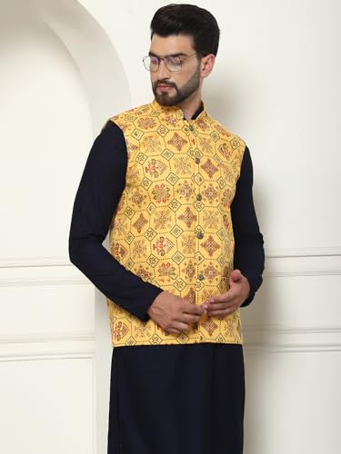 Image of SOJANYA (Since 1958 Men's Cotton Linen Maroon Kurta and White Pyjama with Mustard Cotton Nehru Jacket