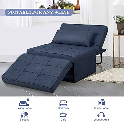 Saemoza Sofa Bed, Ottoman Bed 4 In 1 Multi-Function, Folding Sleeper Chair, Modern Breathable Linen Guest Sleeper Bed With Pillow For Small Space, Navy Blue #TOP6