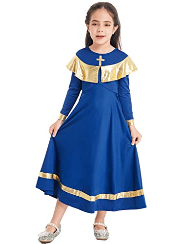 JanJean Kids Girls Metallic Long Sleeve Praise Dance Dress Liturgical Loose Full Length Worship Costume Lyrical Dancewear Royal Blue 4 Years