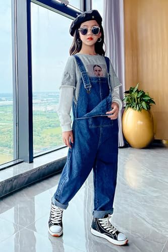 Rolanko Girls Overalls Denim Bib Distressed Jumpsuit Kids Blue Baggy Jean Pants with Pockets (10-12) - image 6