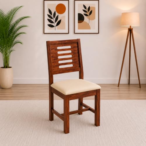 Image of AADITYA WOODS Solid Sheesham Wood Six Seater Dining Table Set with Chairs for Living Room Wooden 6 Seater Dining Table Set for Office Restaurant Modern Dining Room Set- Honey Teak & Cream