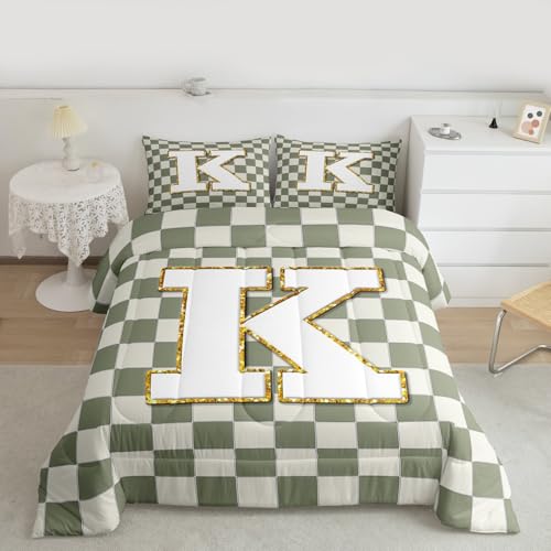 Image of Erosebridal Sage Green Checkered Comforter Set Full Plaid Initial K Bedding Set Personalized Monogram Comforter for Kids Adults,Fashion Grids Gingham Quilt Duvet