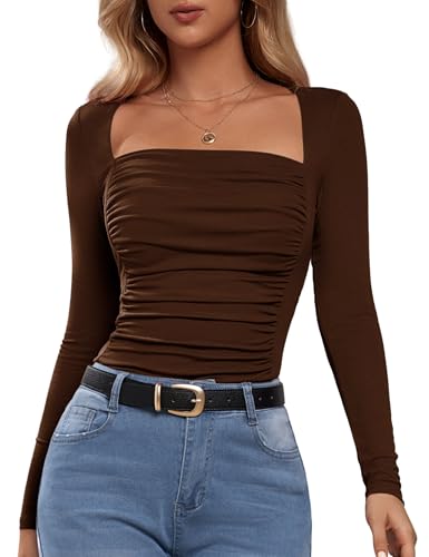 Florboom Women's Ruched Fitted Tops Square Neck Long Sleeve T-Shirts Going Out Tees