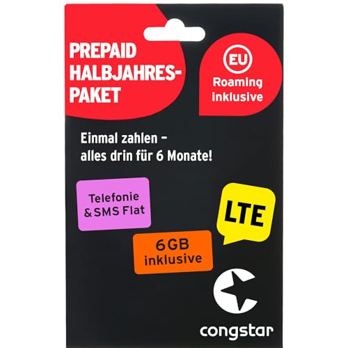 congstar Prepaid HALBJAHRESPAKET SIM-Karte ohne Vertrag I Prepaid-Paket für 6...